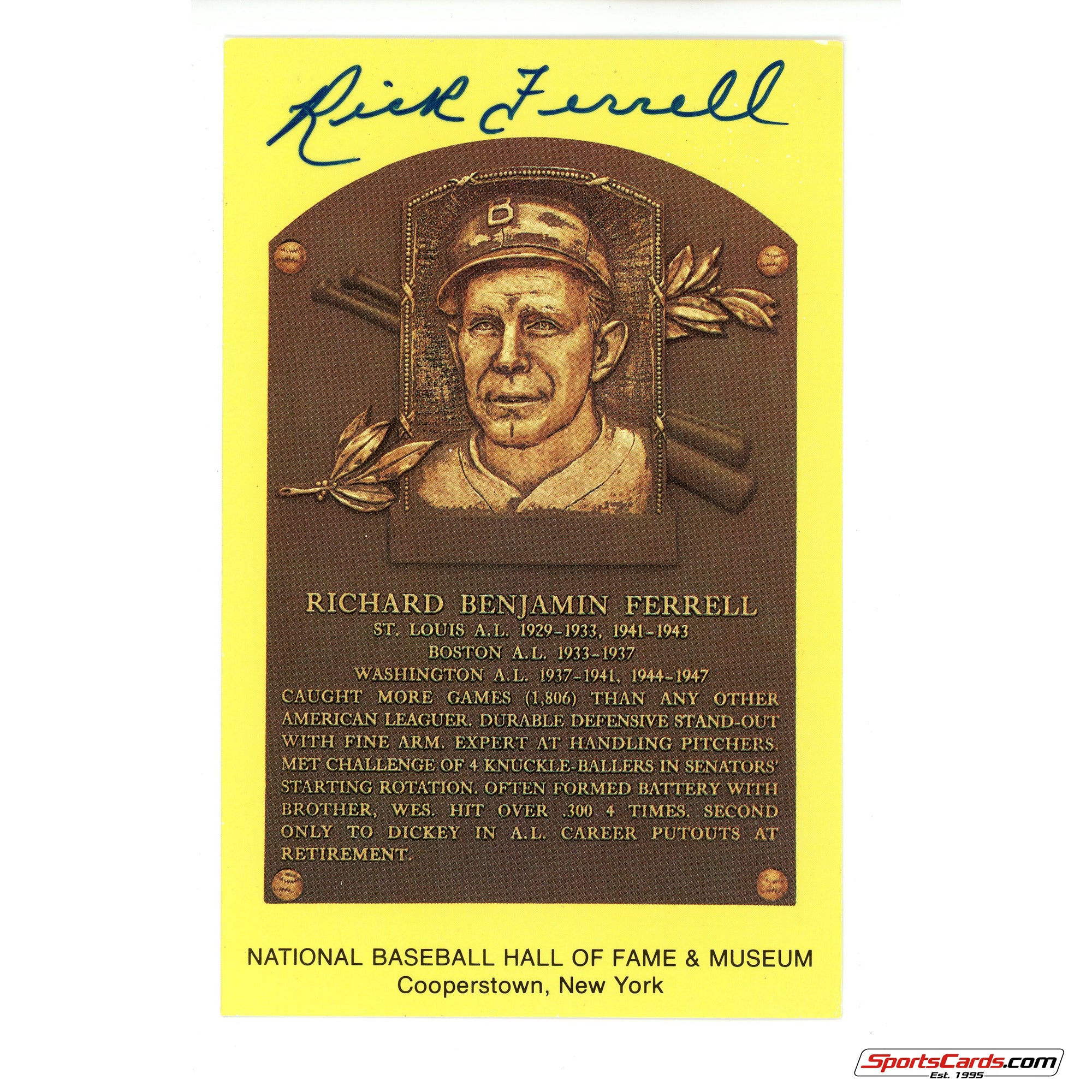 Rick Ferrell Signed Auto Hall of Fame Postcard Plaque JSA