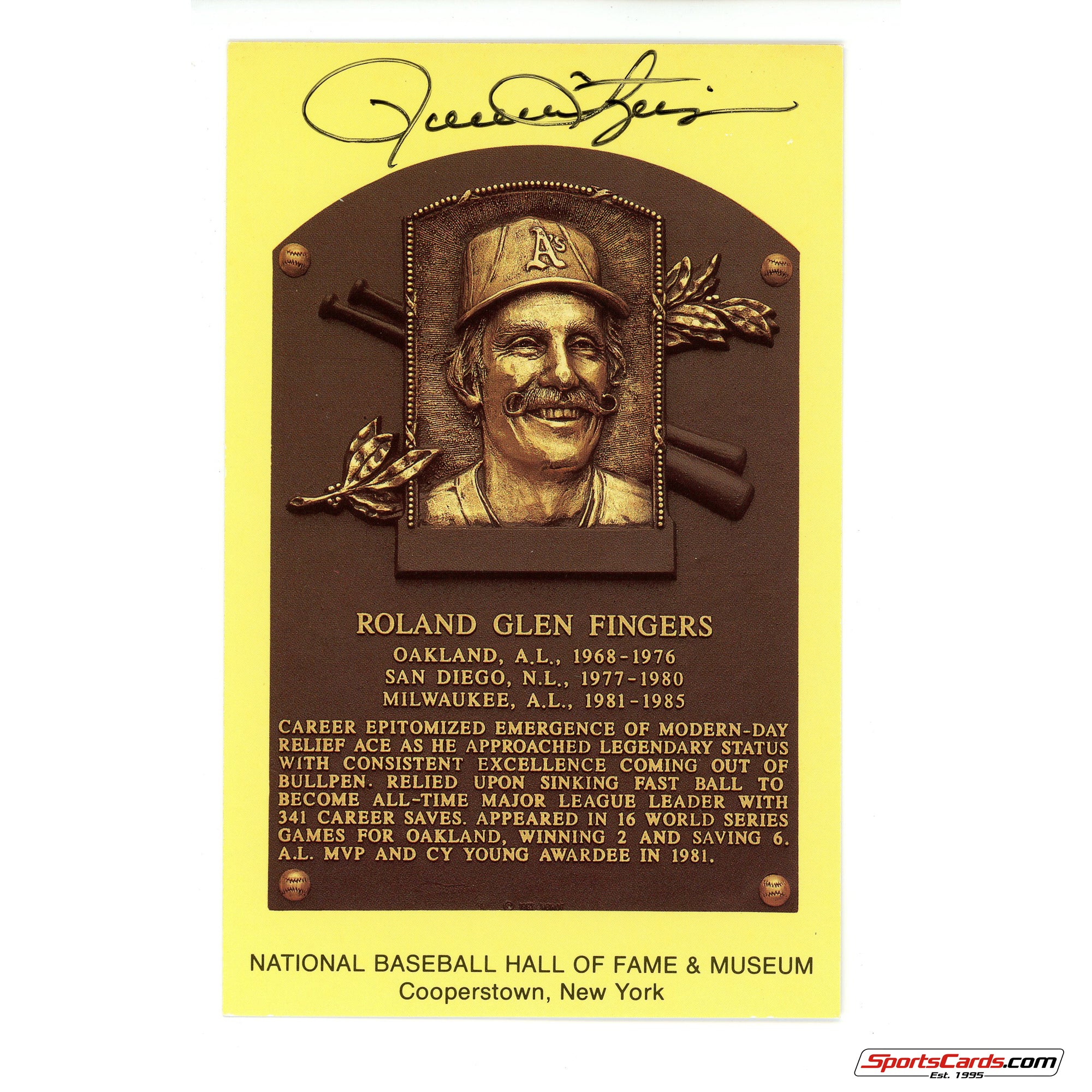 Rollie Fingers Signed Auto Hall of Fame Postcard Plaque JSA