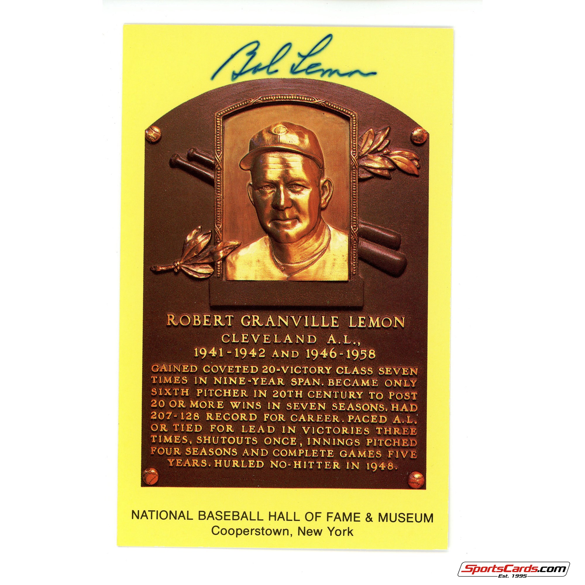 Bob Lemon Signed Auto Hall of Fame Postcard Plaque JSA