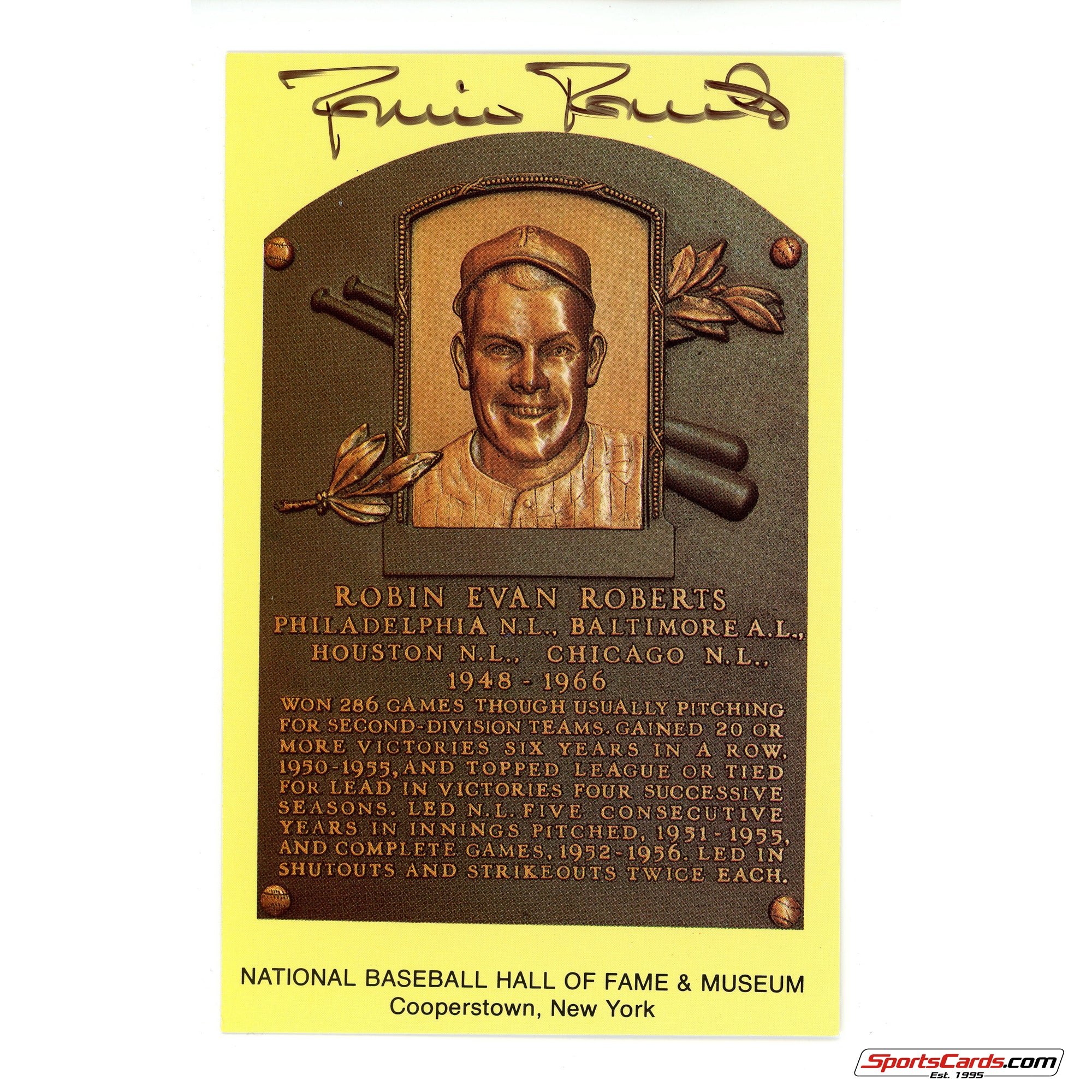 Robin Roberts Signed Auto Hall of Fame Postcard Plaque JSA