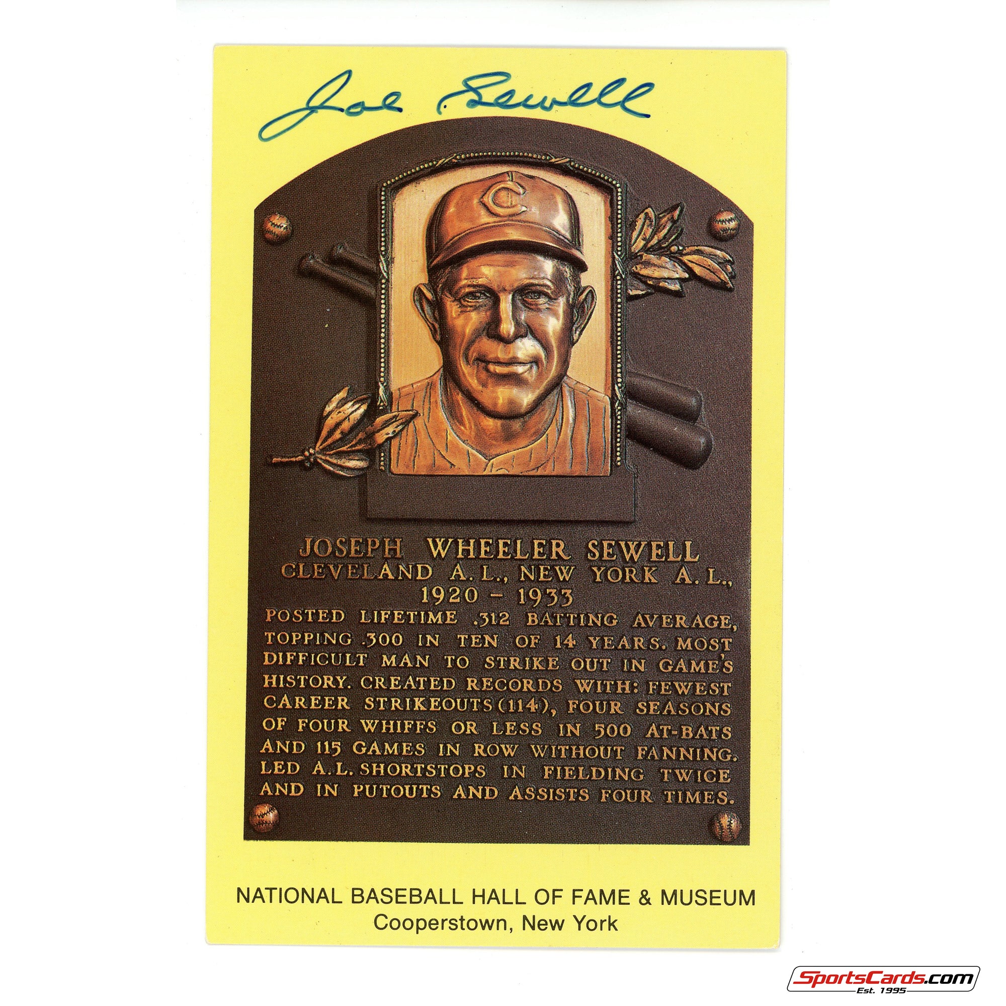 Joe Sewell Signed Auto Hall of Fame Postcard Plaque JSA