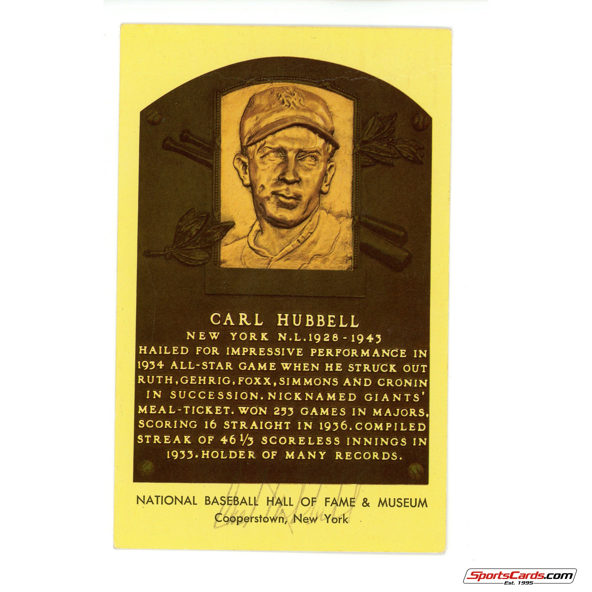 Carl Hubbell Signed Auto Hall of Fame Postcard Plaque