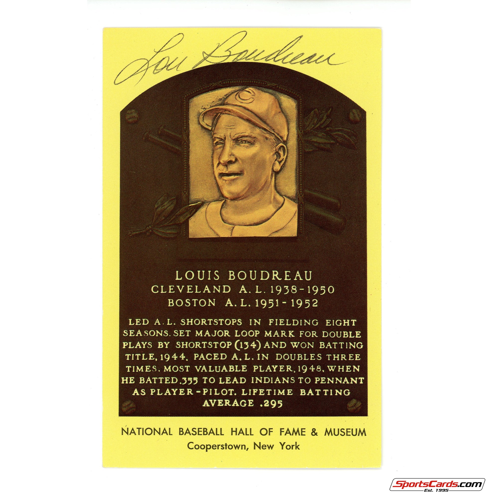 Lou Boudreau Signed Auto Hall of Fame Postcard Plaque