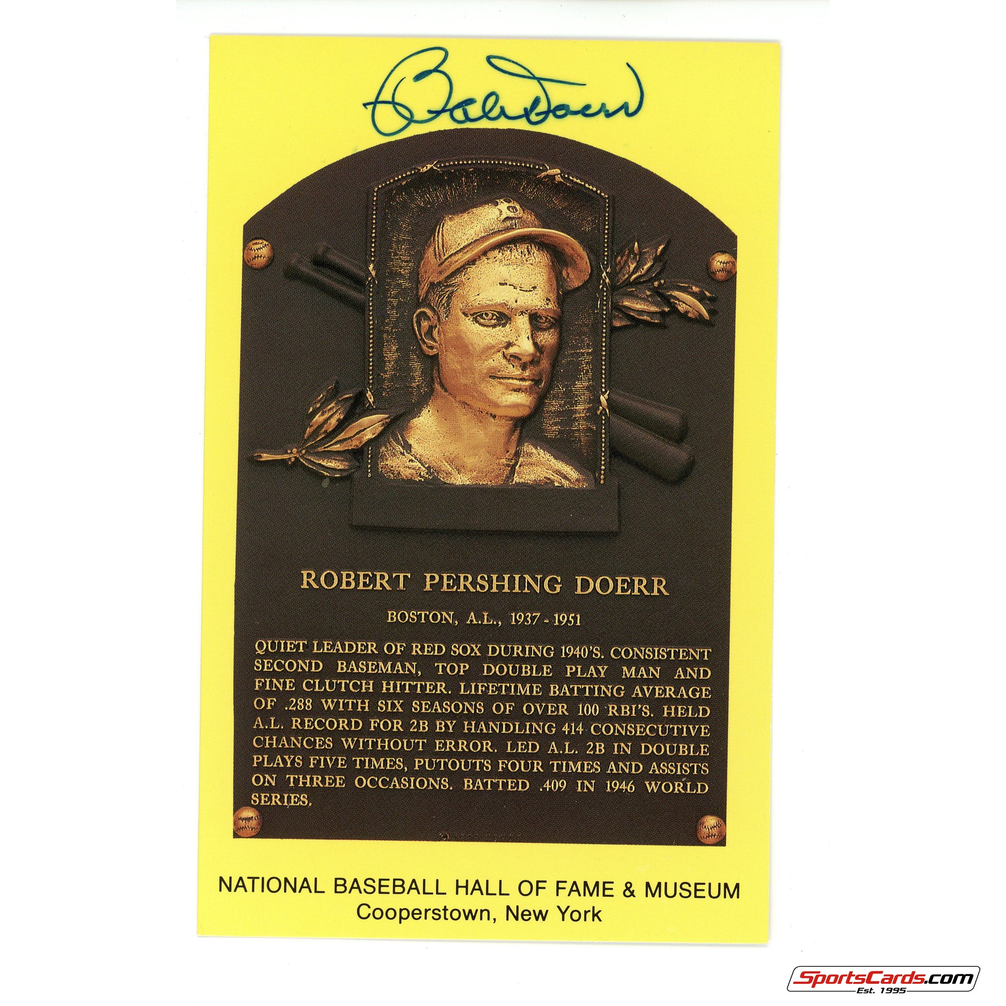 Bobby Doerr Signed Auto Hall of Fame Postcard Plaque