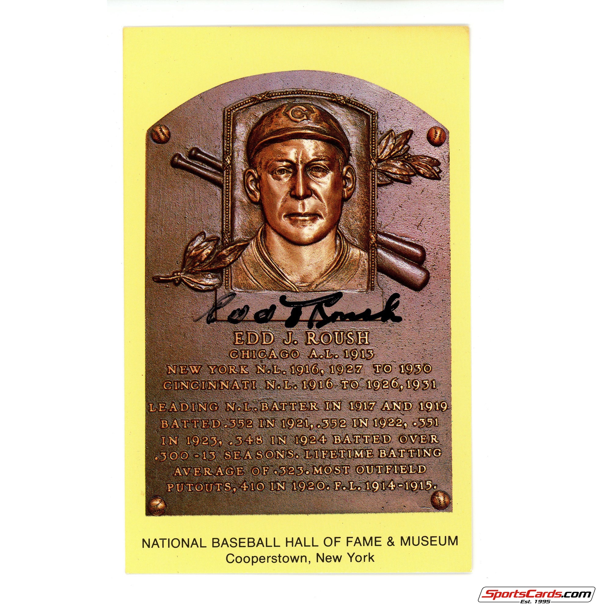 Edd Roush Signed Auto Hall of Fame Postcard Plaque