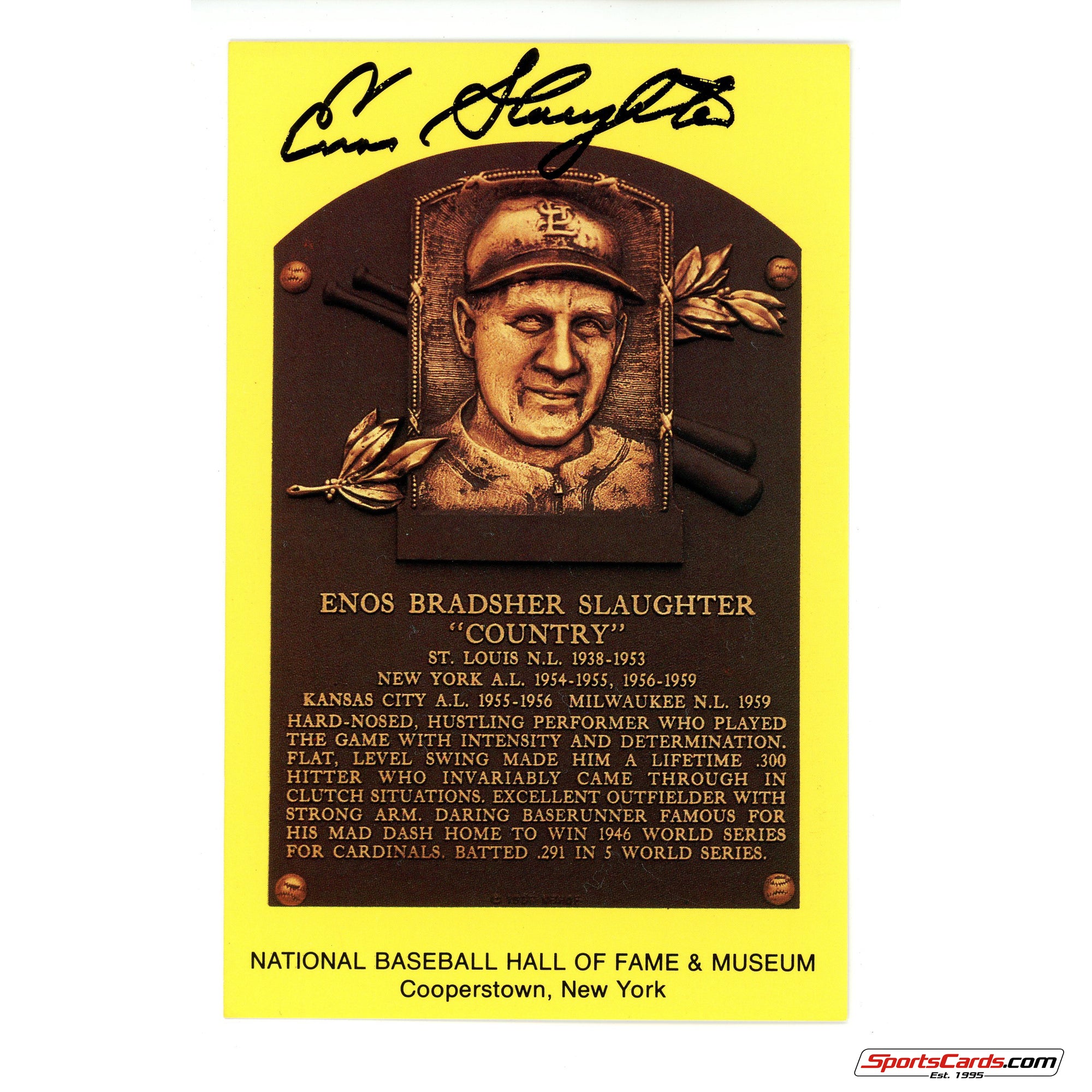 Enos Slaughter Signed Auto Hall of Fame Postcard Plaque