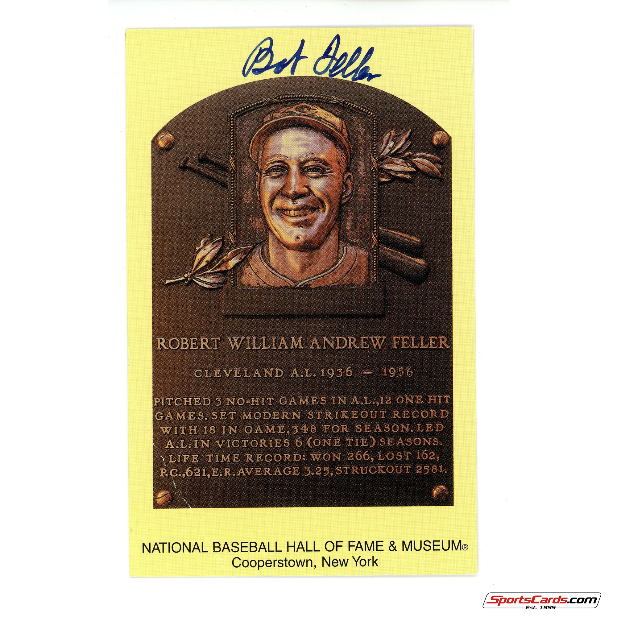 Bob Feller Signed Auto Hall of Fame Postcard Plaque