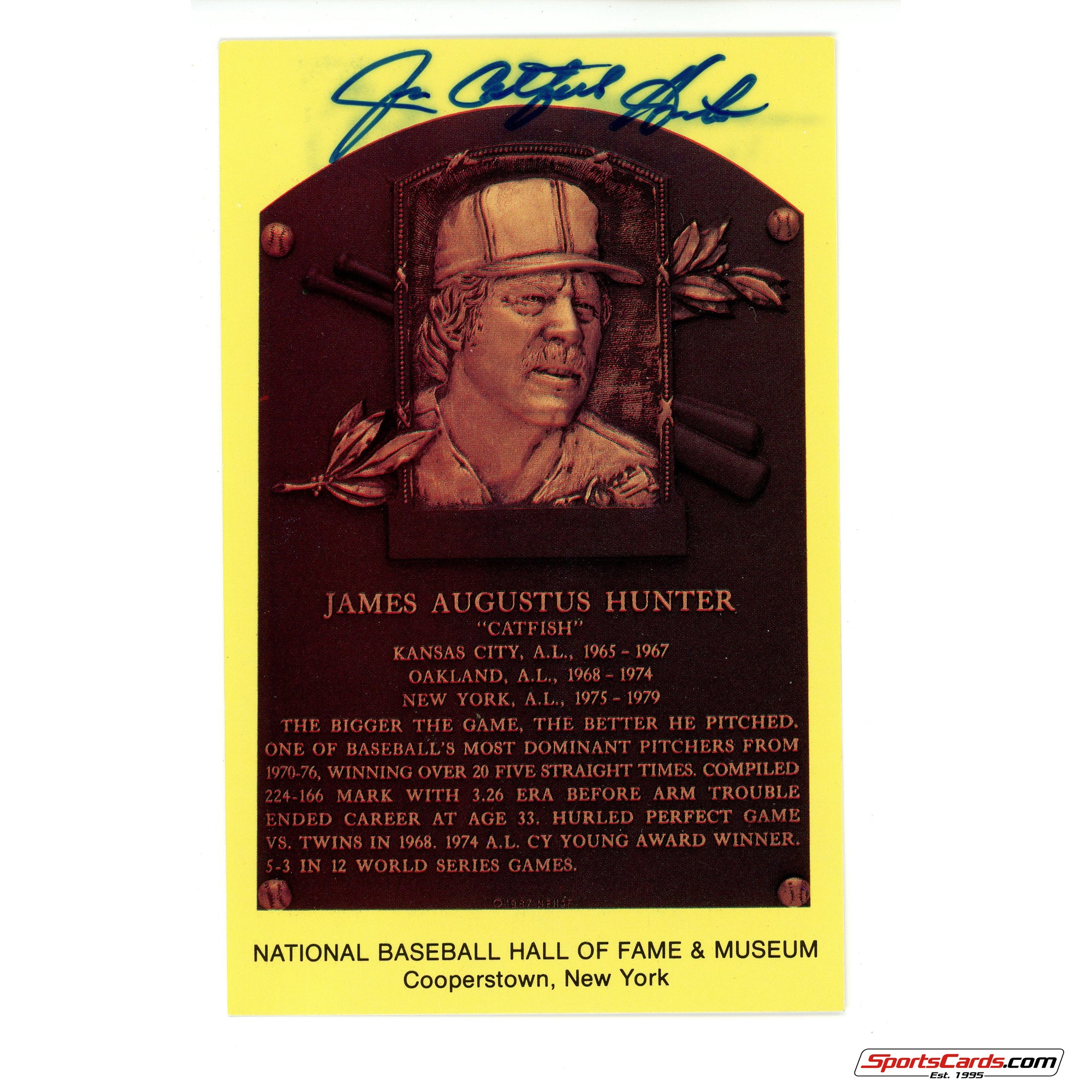 Jim Catfish Hunter Signed Auto Hall of Fame Postcard Plaque