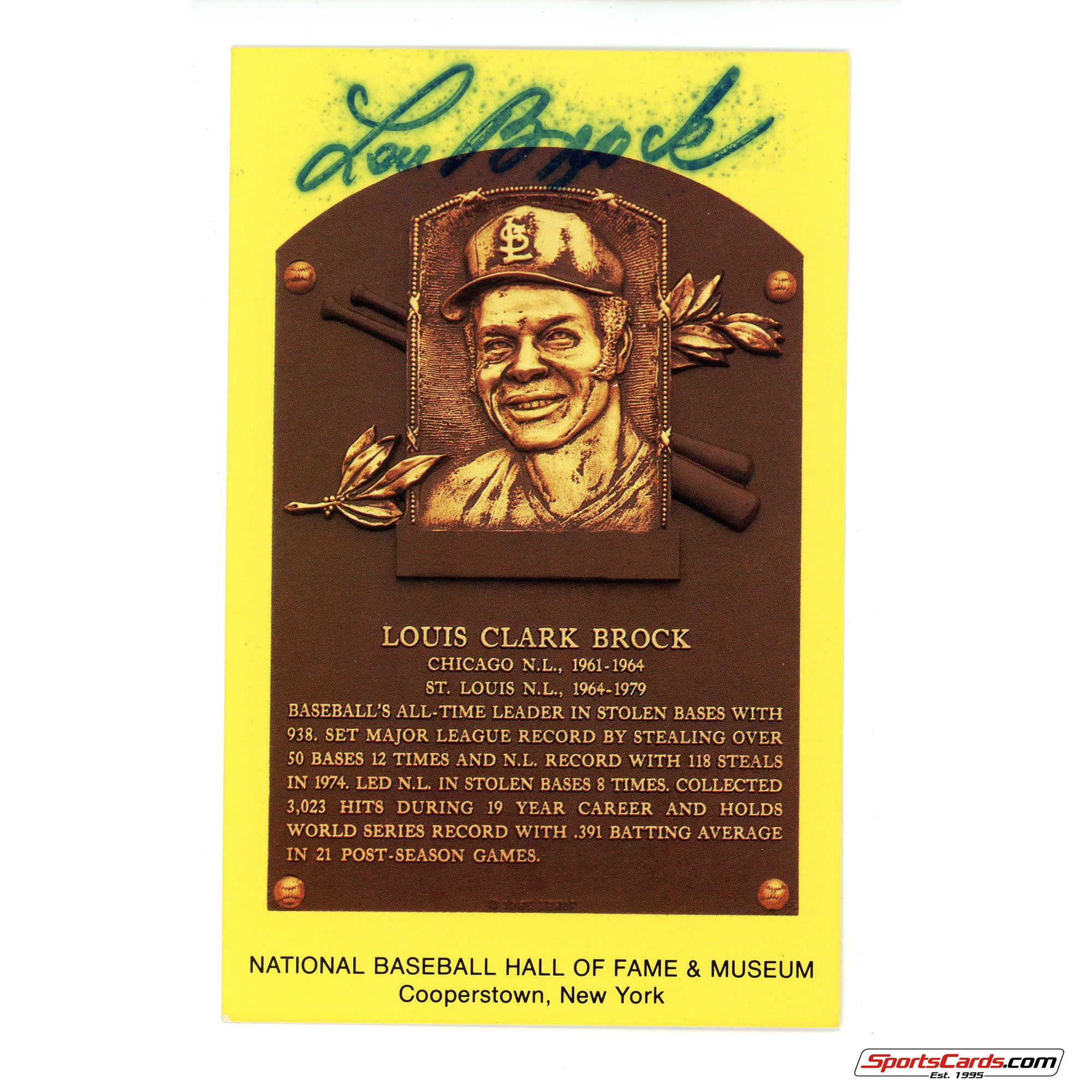 Lou Brock Signed Auto Hall of Fame Postcard Plaque