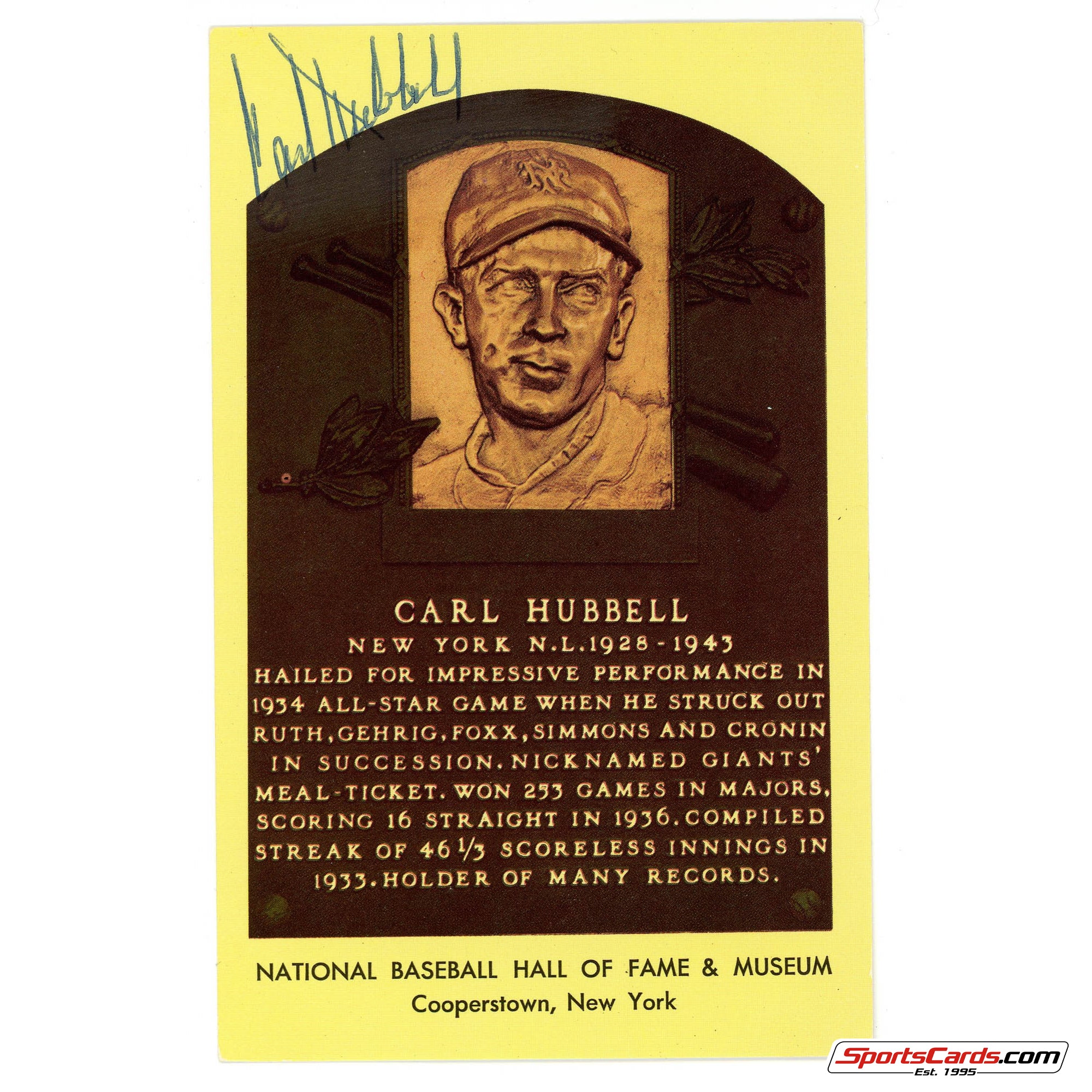 Carl Hubbell  Signed Auto HOF Postcard Plaque BAS