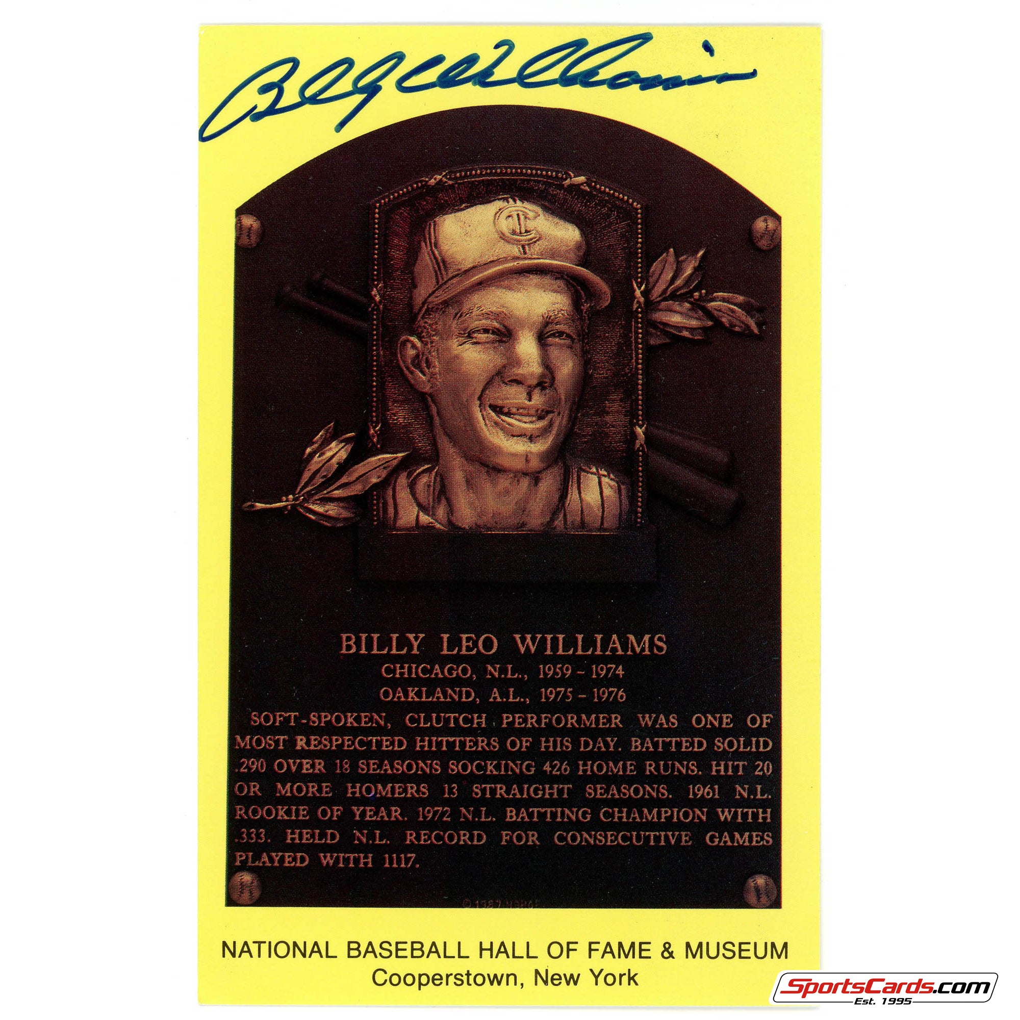 Billy Williams  Signed Auto HOF Postcard Plaque BAS