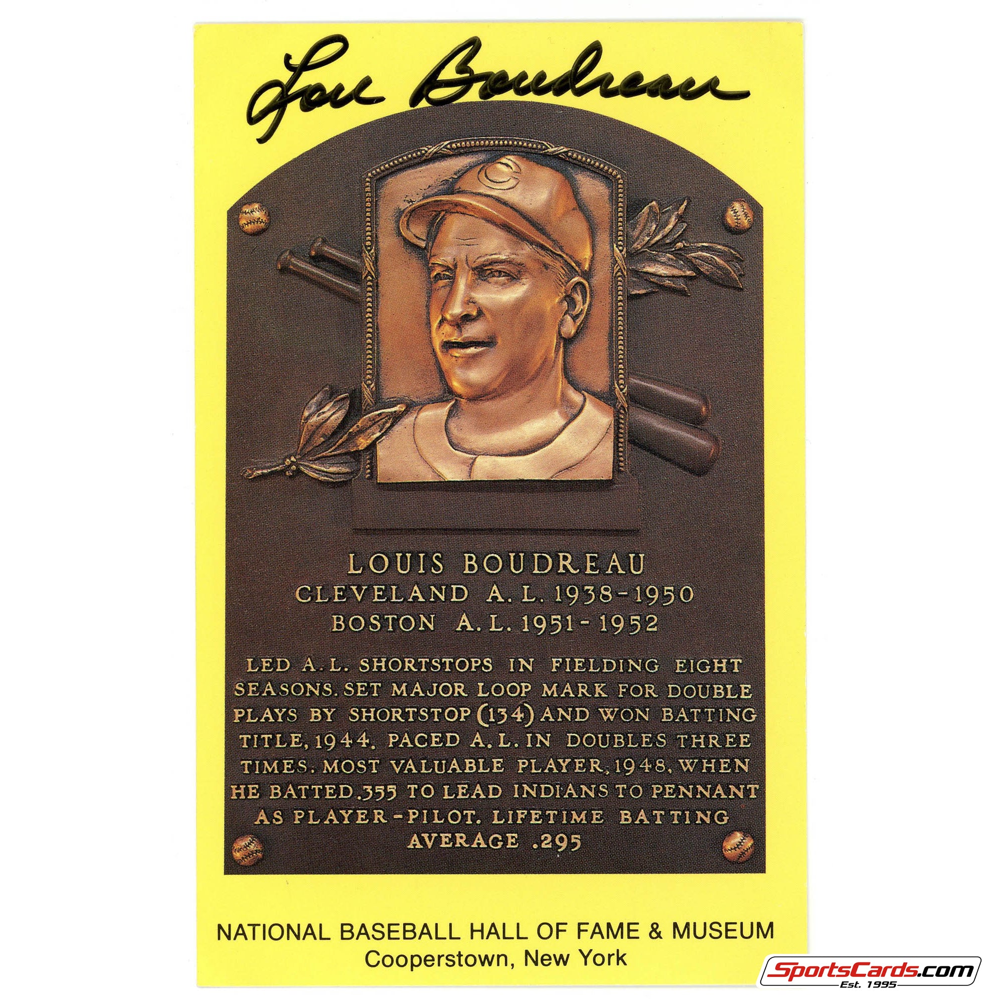 Lou Boudreau  Signed Auto HOF Postcard Plaque BAS