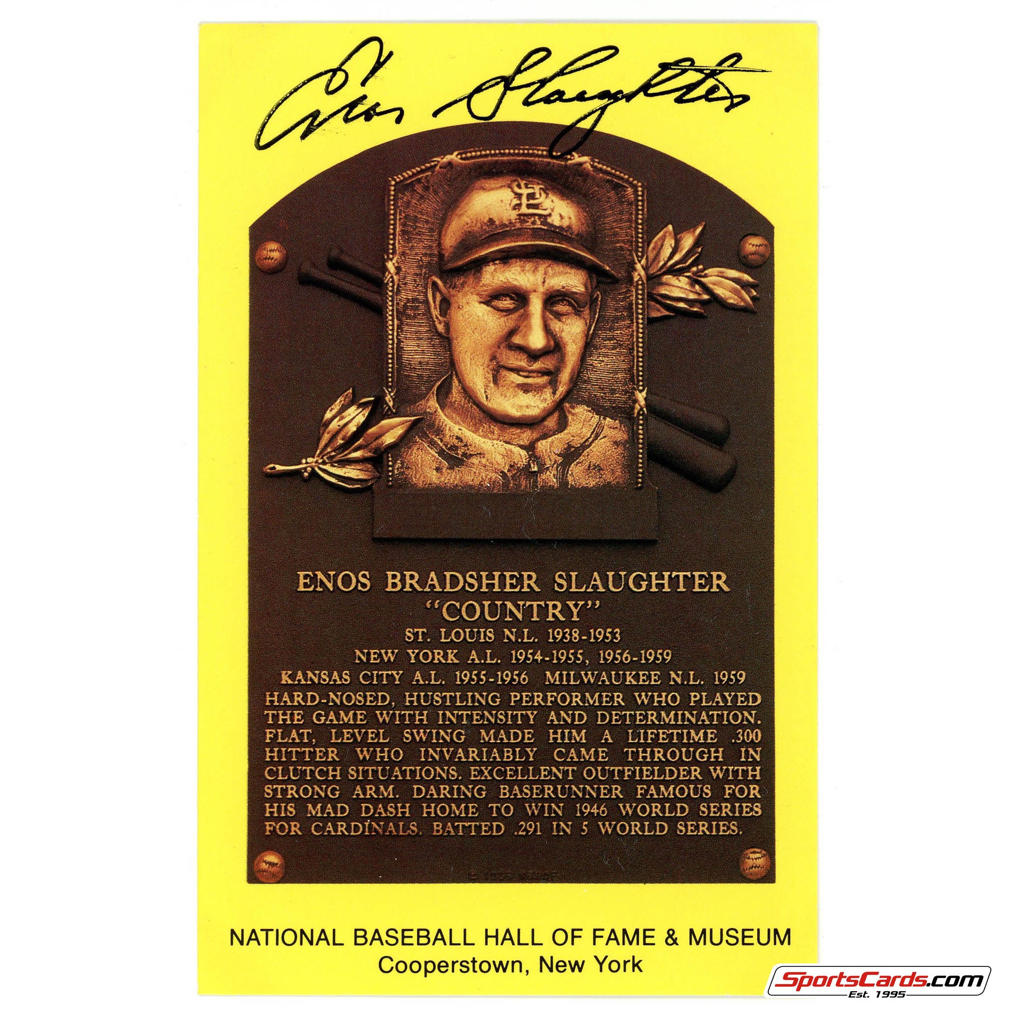 Enos Slaughter  Signed Auto HOF Postcard Plaque BAS