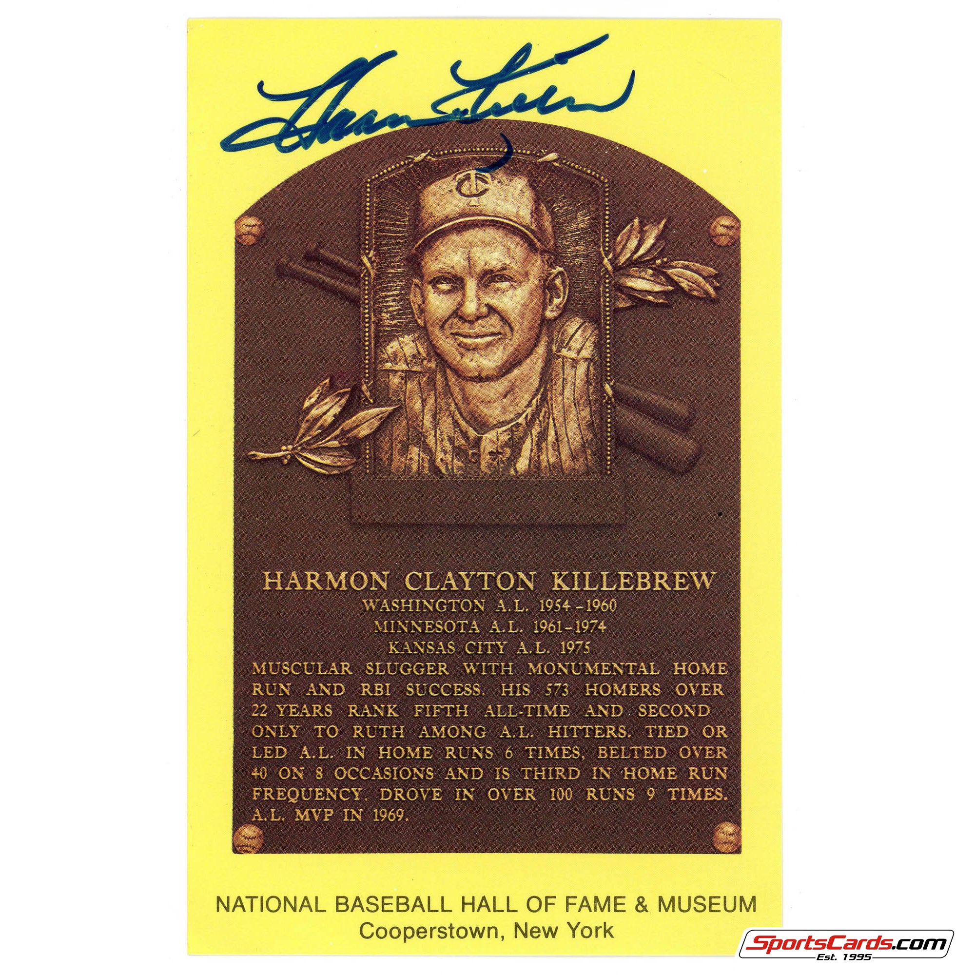 Harmon Killebrew  Signed Auto HOF Postcard Plaque BAS