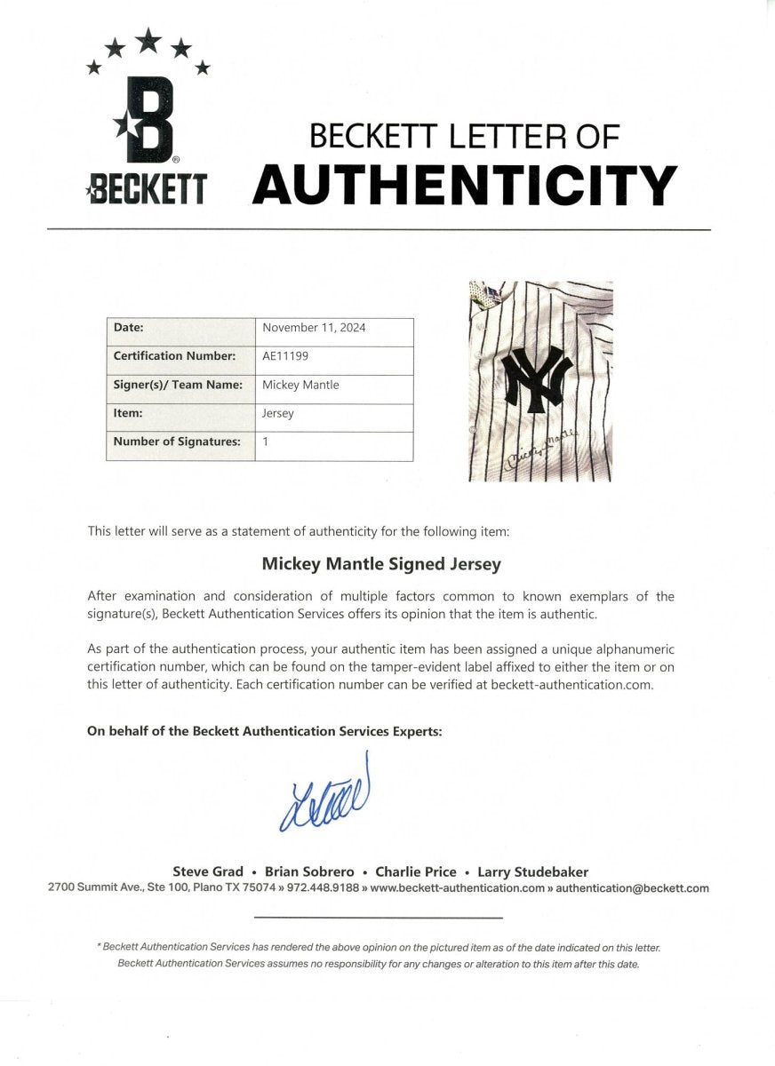 Mickey Mantle Signed Autographed New York Yankees Jersey - Beckett BAS LOA