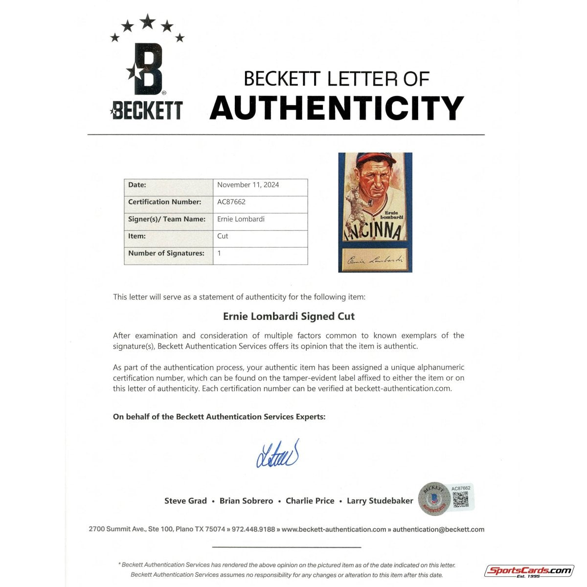 Ernie Lombardi HOF Signed Auto Perez Steele Matted Signature Display BAS