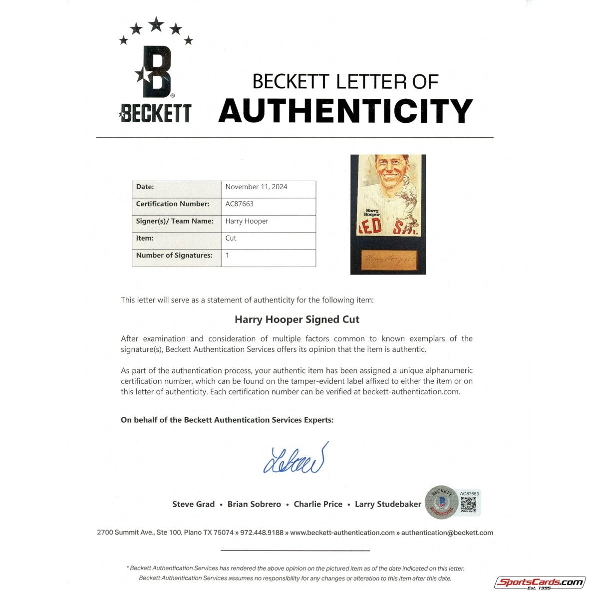 Harry Hooper HOF Signed Auto Perez Steele Matted Signature Display BAS