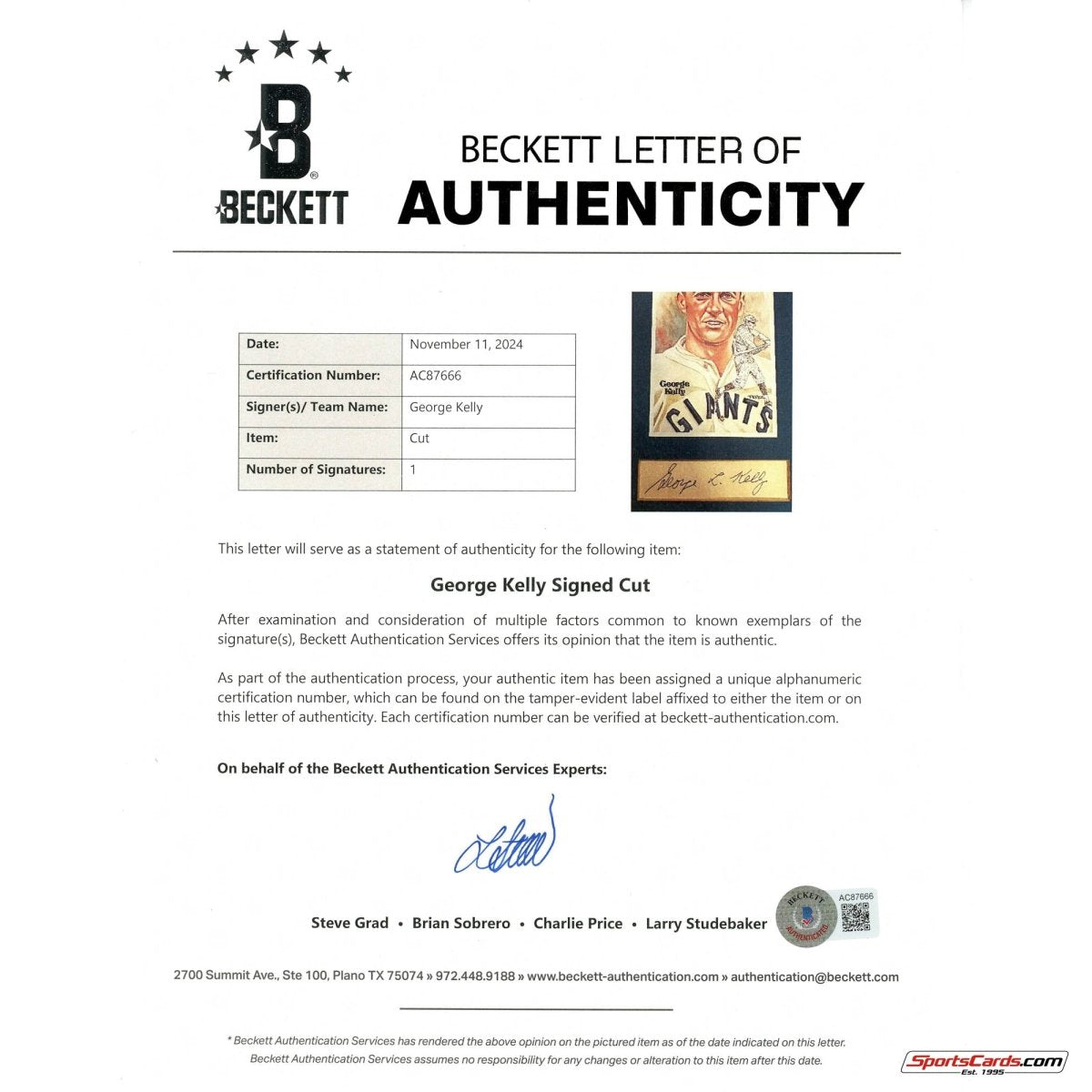 George Kelly HOF Signed Auto Perez Steele Matted Signature Display BAS