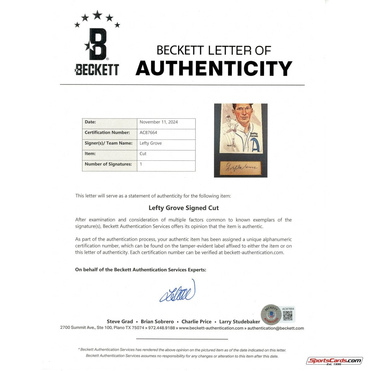 Lefty Grove HOF Signed Auto Perez Steele Matted Signature Display BAS