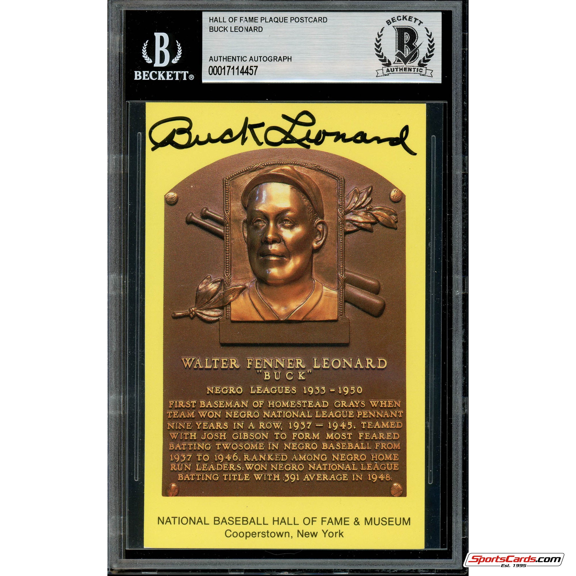 Buck Leonard  Signed Auto HOF Postcard Plaque Beckett BAS