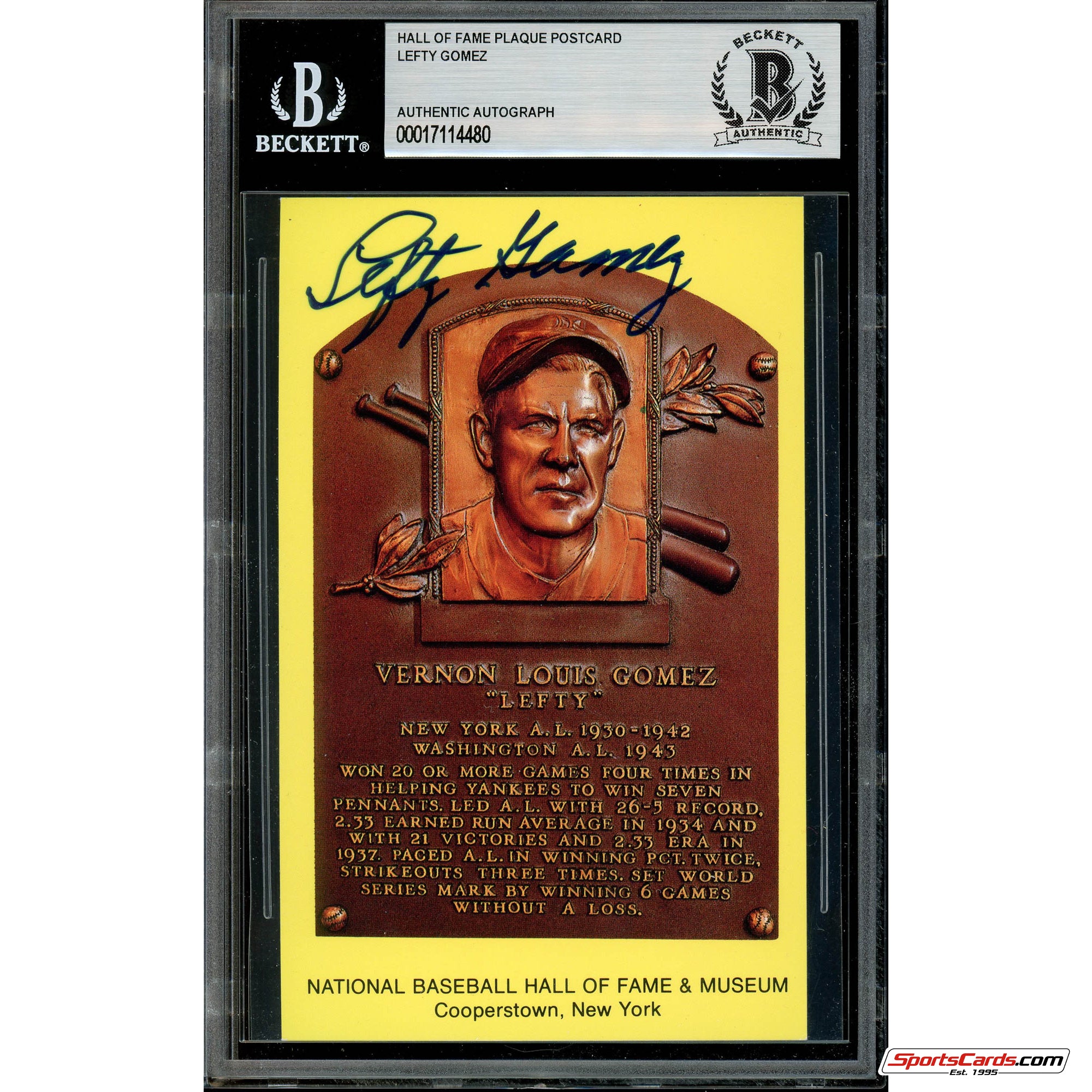 Lefty Gomez  Signed Auto HOF Postcard Plaque Beckett BAS