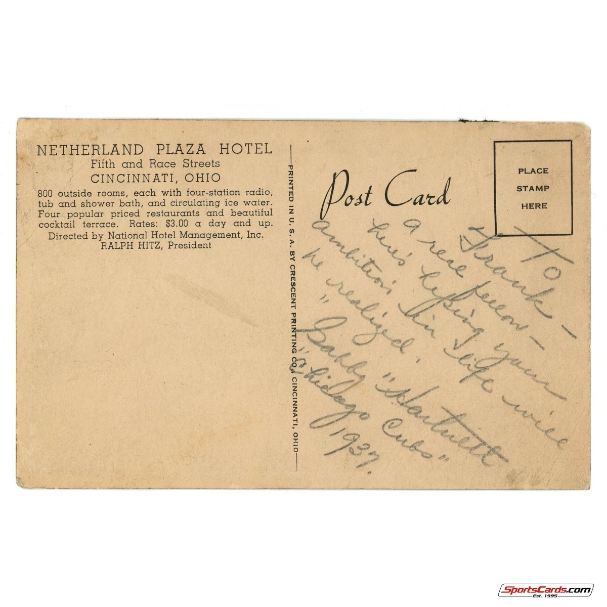 Leo Gabby Hartnett Chicago Cubs 1937 Signed Auto Postcard - BAS Beckett