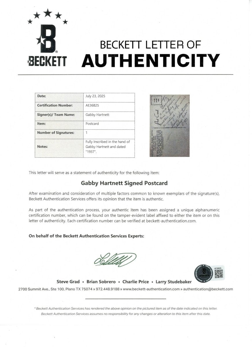 Leo Gabby Hartnett Chicago Cubs 1937 Signed Auto Postcard - BAS Beckett