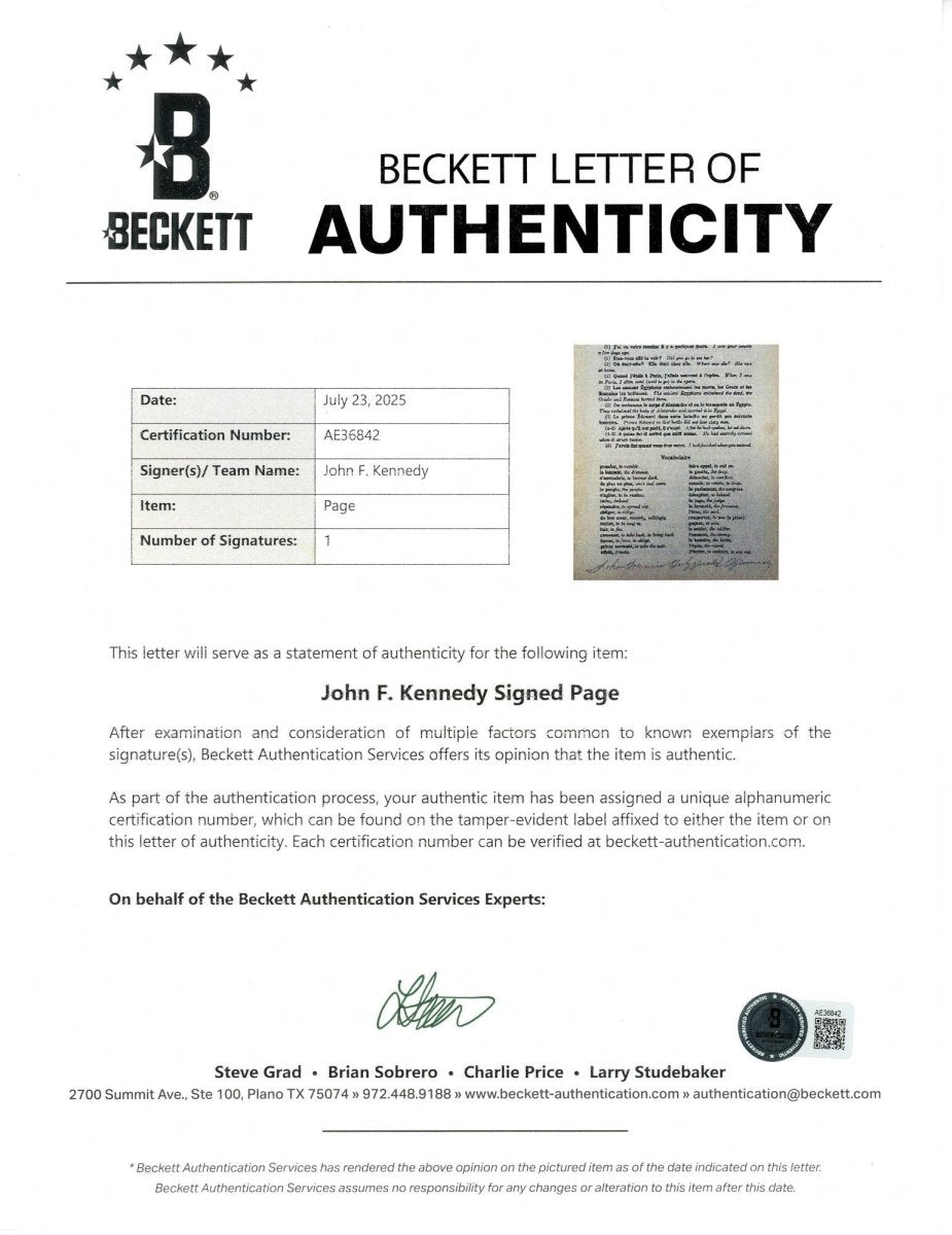 John F. Kennedy Full Name 1931 Signed Personally Owned Book Page BAS Beckett