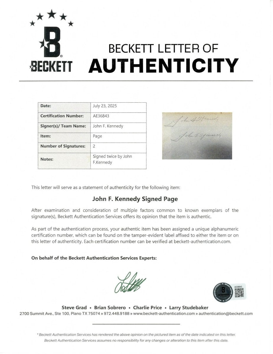 John F. Kennedy 1931 Twice Signed Personally Owned Book Page BAS Beckett