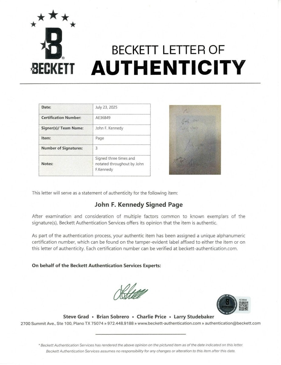 John F. Kennedy 1931 Triple Signed Personally Owned Book Page W/ Sketch BAS Beckett