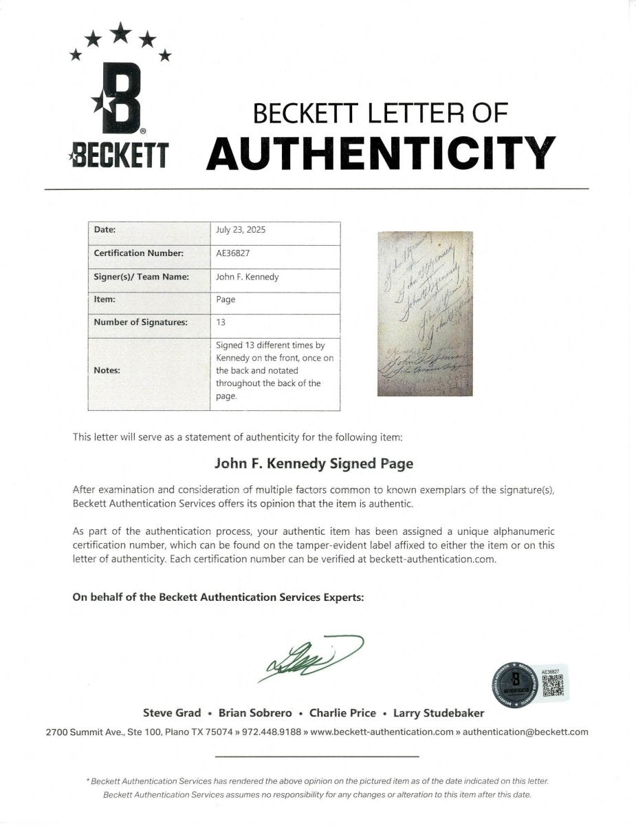 John F. Kennedy 1931 Personally Owned Book Page Signed 13 Times!  BAS Beckett