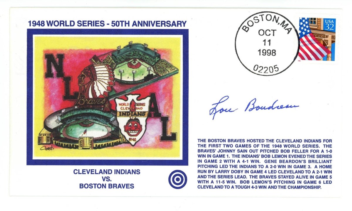 Lou Boudreau Signed Auto Bull's Eye Cover FDC Beckett BAS