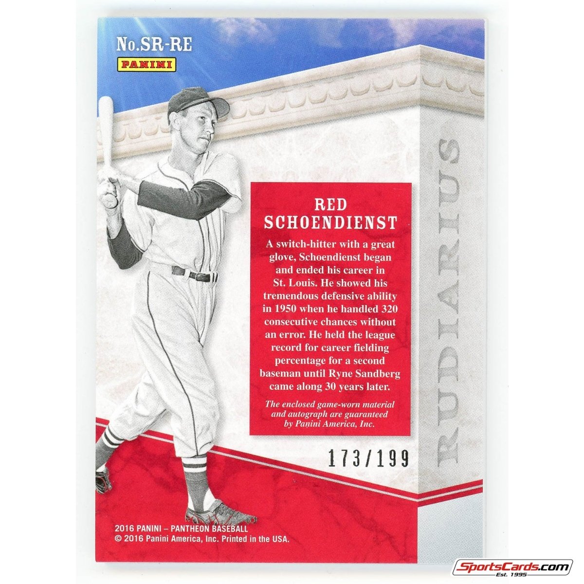 2016 Panini Pantheon Red Schoendienst Scripted Rudiarius Auto Jersey /199 SR-RE