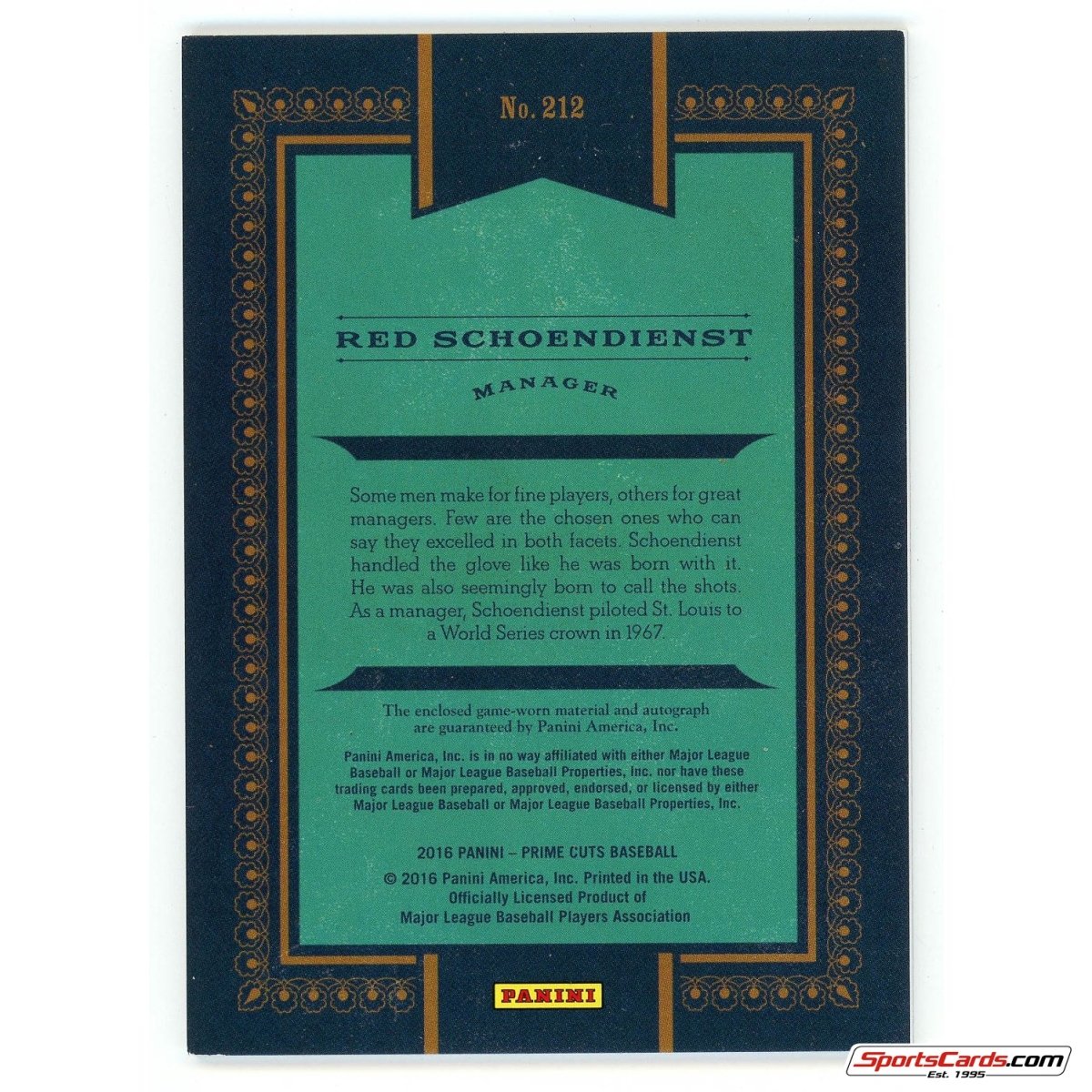 2016 Panini Prime Cuts Red Schoendienst Auto Jersey /99 #212