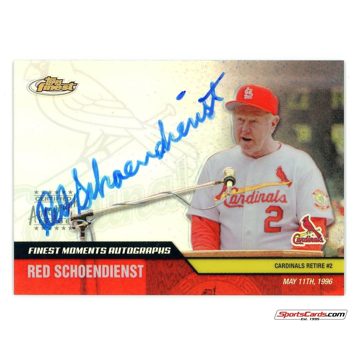 2002 Topps Finest Red Schoendienst Finest Moments Auto FMA-RS