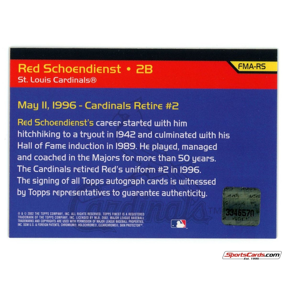 2002 Topps Finest Red Schoendienst Finest Moments Auto FMA-RS