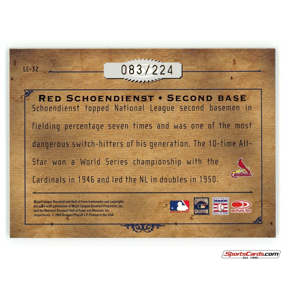 2004 Donruss Red Schoendienst Leather & Lumber Leather Cuts Auto /224