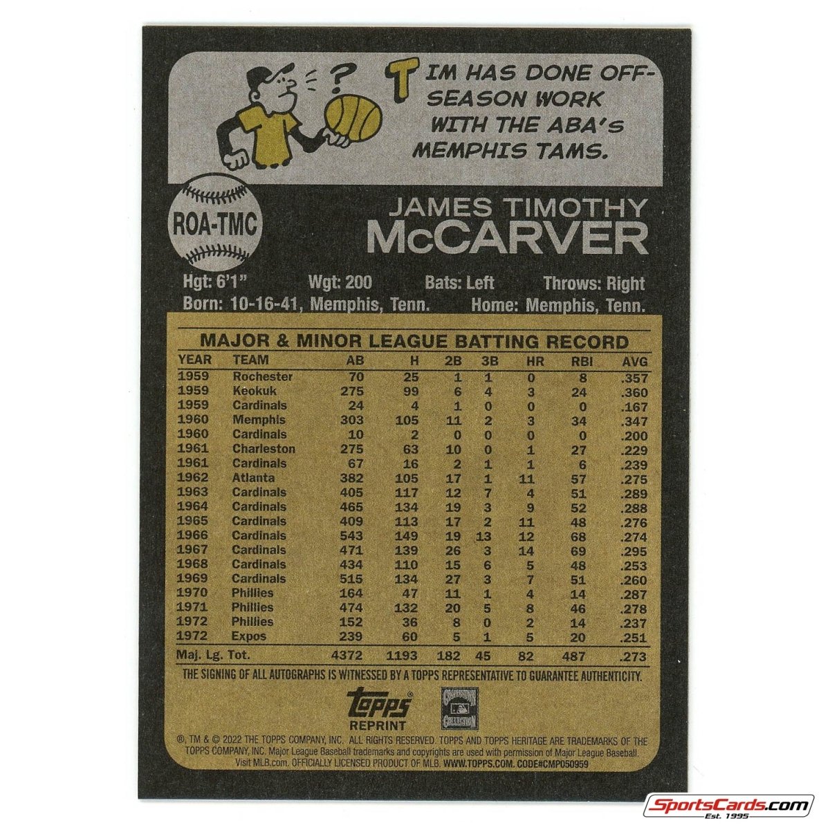 2022 Topps Heritage Real One Autograph Tim McCarver ROA-TMC Auto