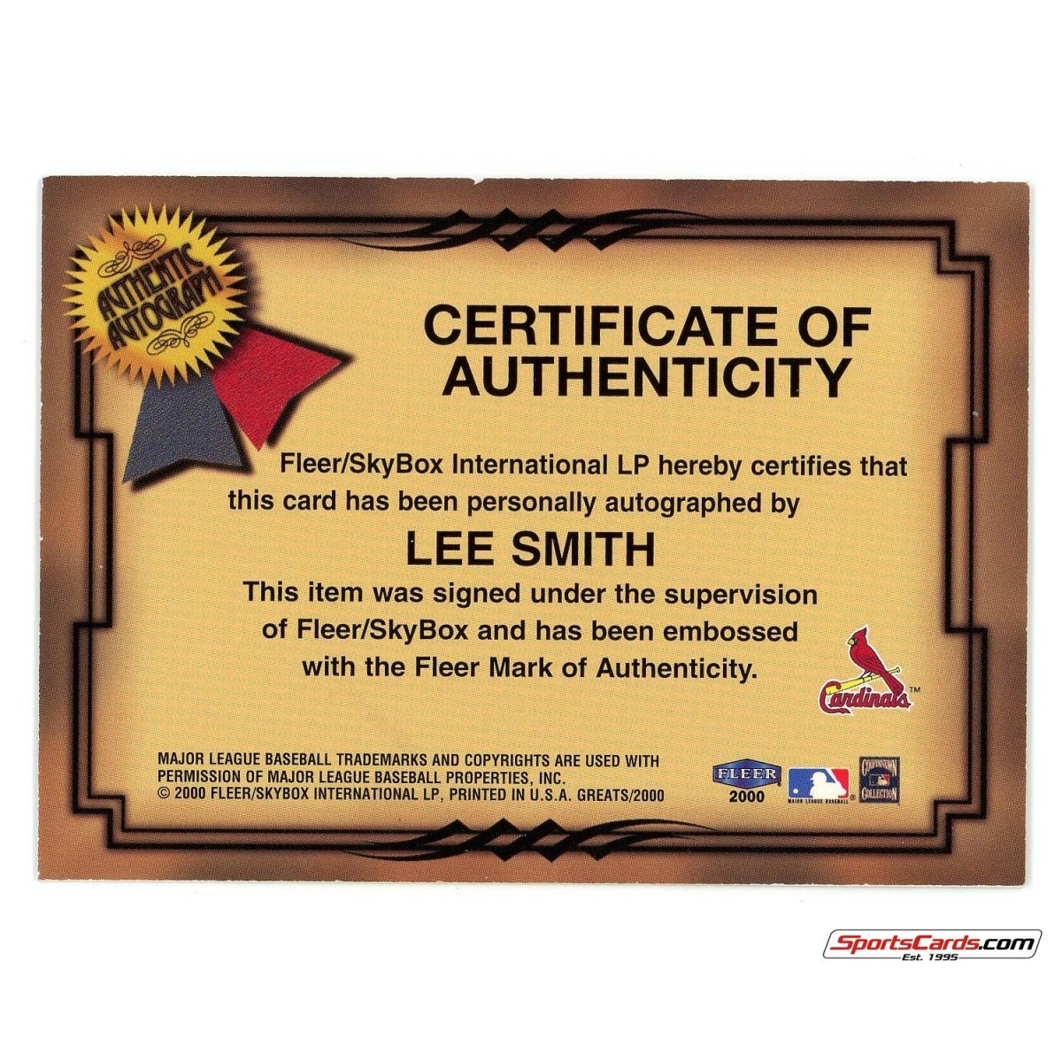 2000 Fleer Greats of the Game Autograph Lee Smith Auto