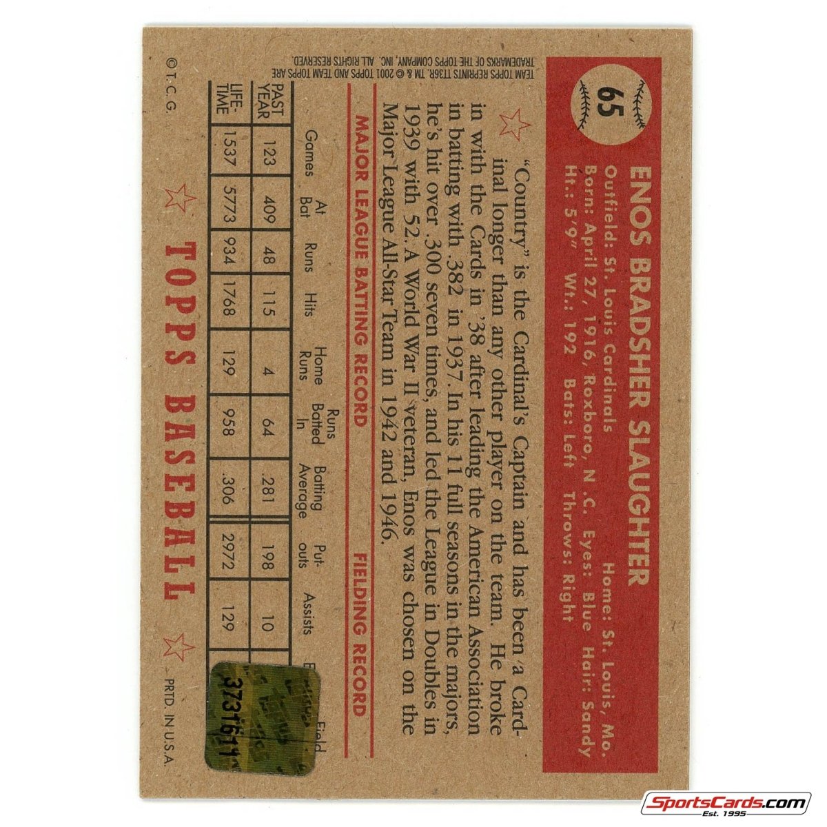 2001 Topps Team Topps Legends Enos Slaughter 1952 Topps Reprint Auto #TT36R