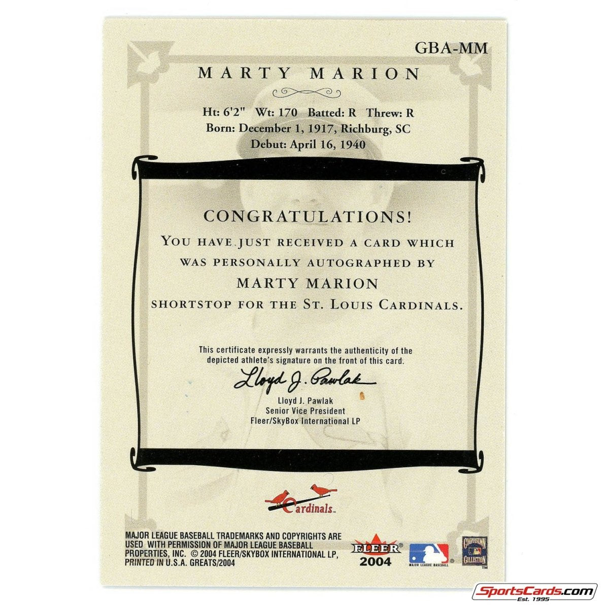 2004 Fleer Greats of the Game Autograph Marty Marion GBA-MM