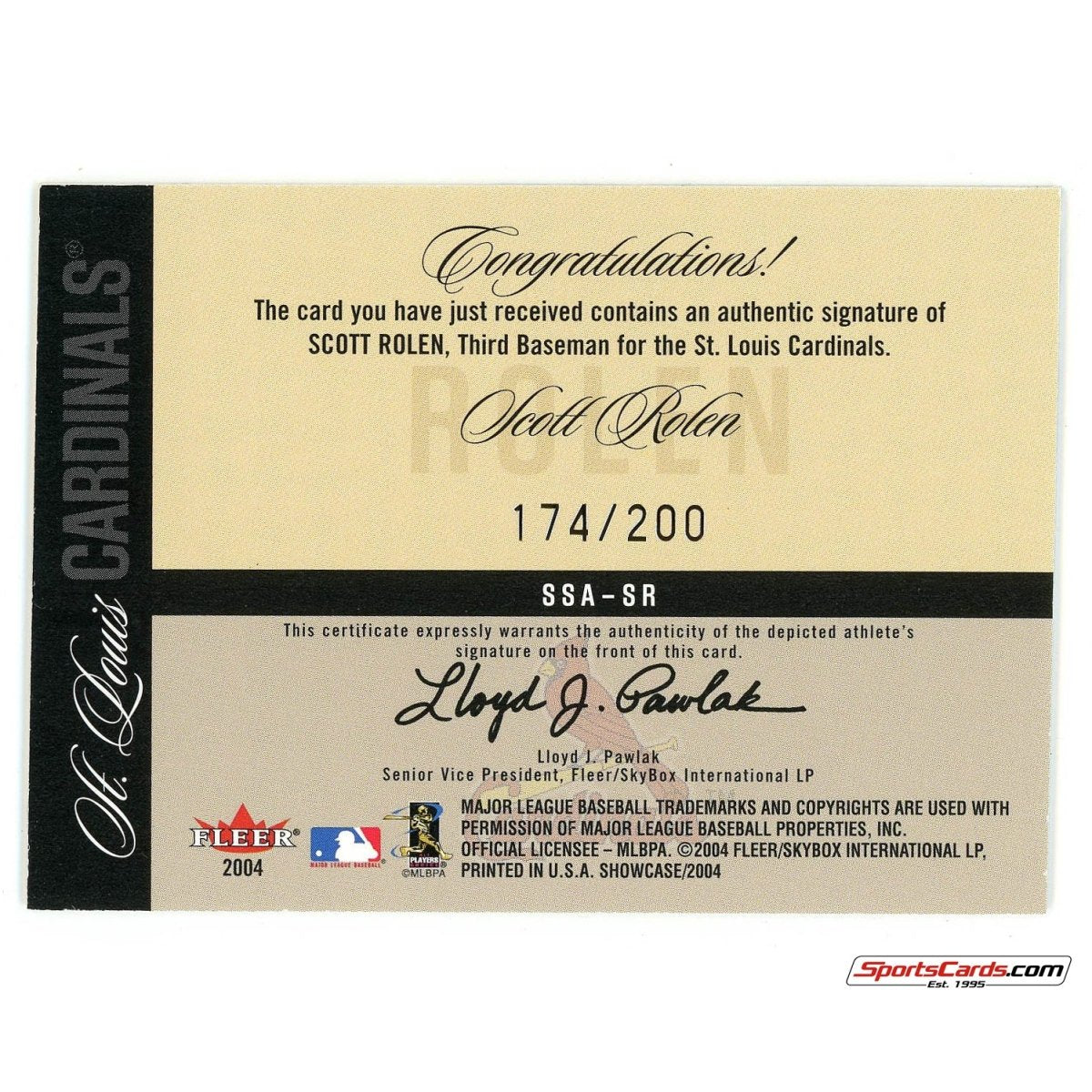 2004 Fleer Showcase Sweet Sigs Scott Rolen Auto /200