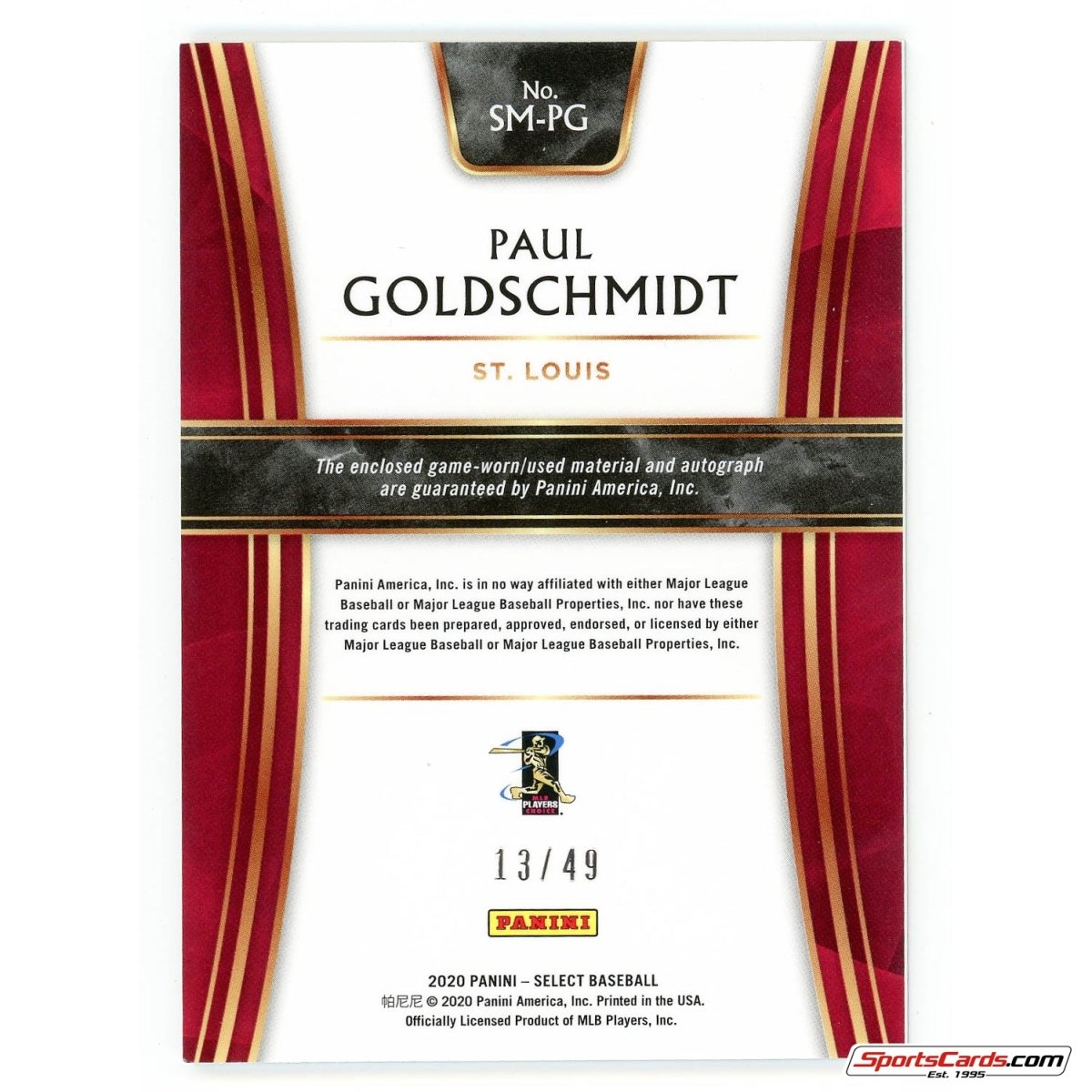 2020 Panini Select Paul Goldschmidt Auto Jersey SM-PG /49