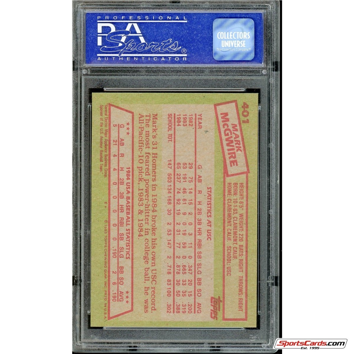 1985 Topps Mark McGwire USA Baseball RC #401 PSA 8