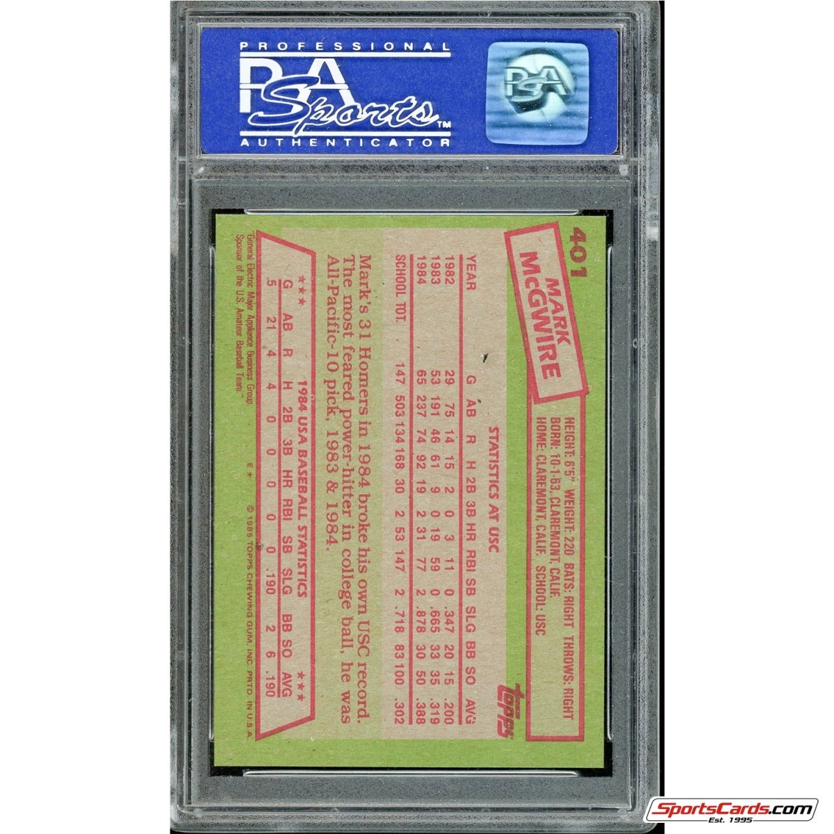 1985 Topps Mark McGwire USA Baseball RC #401 PSA 8