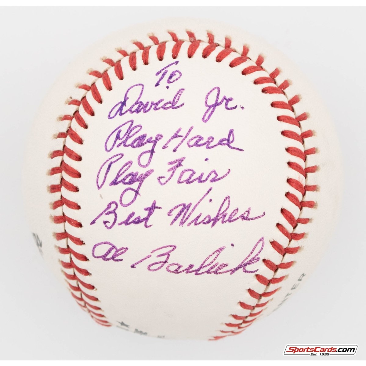 Al Barlick "Play Hard Play Fair" Single Signed Autographed Baseball BAS