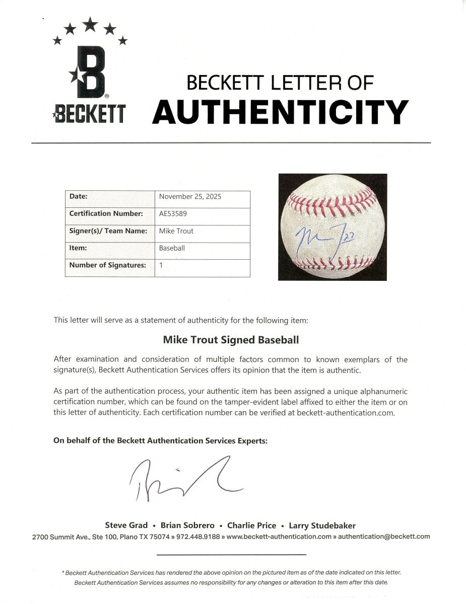 Mike Trout Rookie Era Signed Autographed MLB Game Used Baseball BAS
