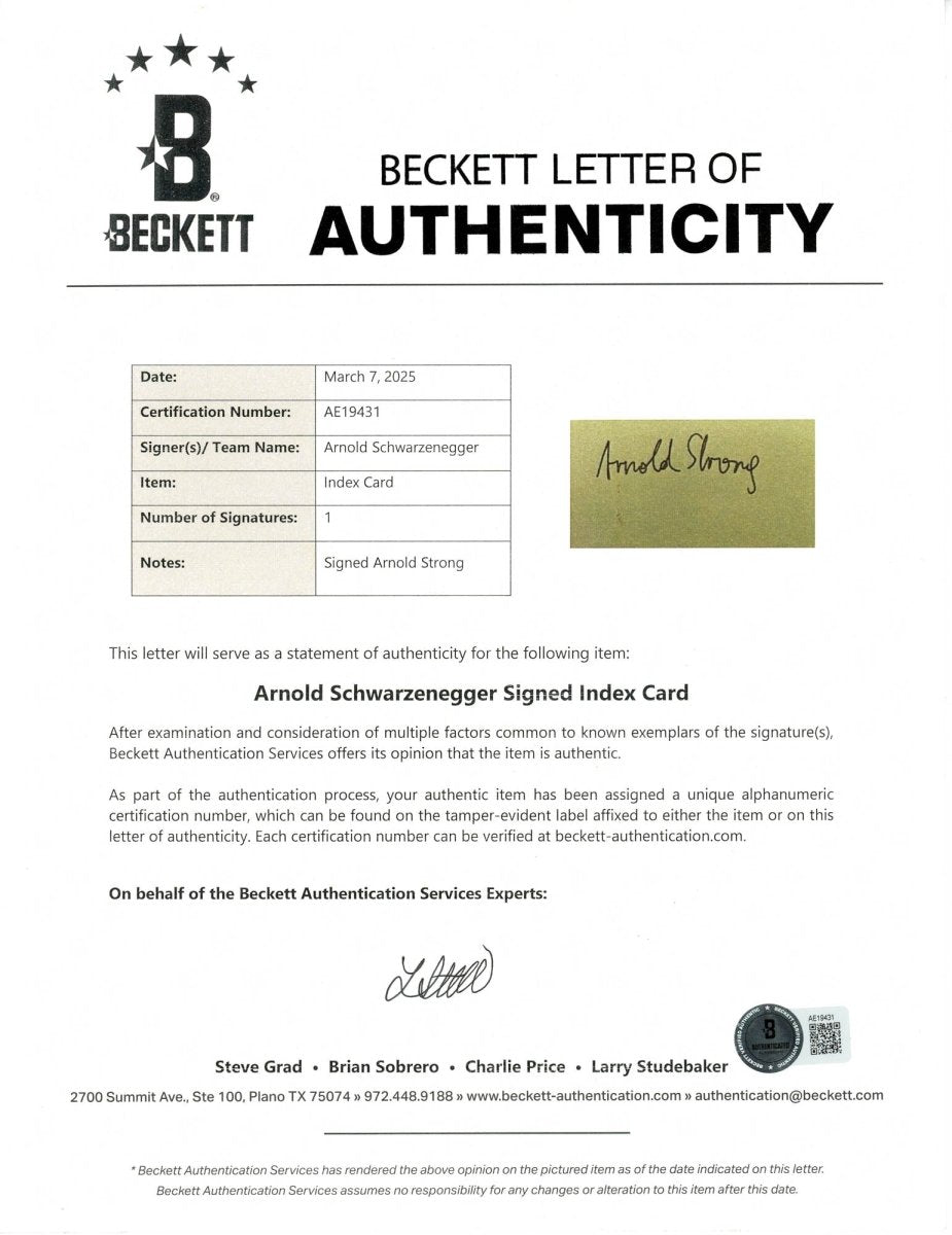 Rare Arnold Schwarzenegger (Strong) Signed Auto 3x5 Index Card BAS