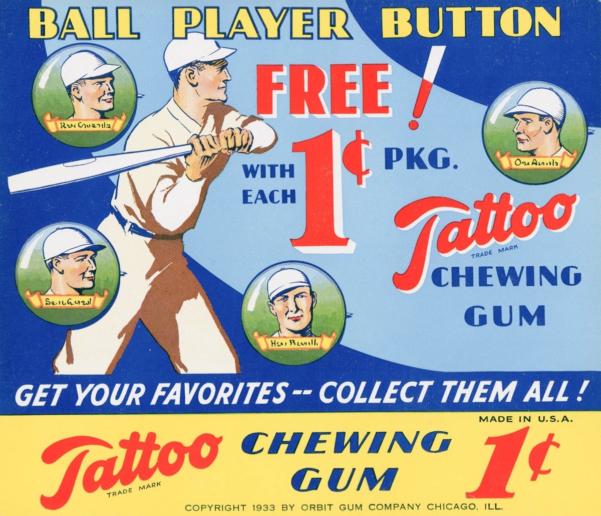 Vintage 1933 PR3 Tattoo Orbit Baseball Pins Retail Box Paper Insert