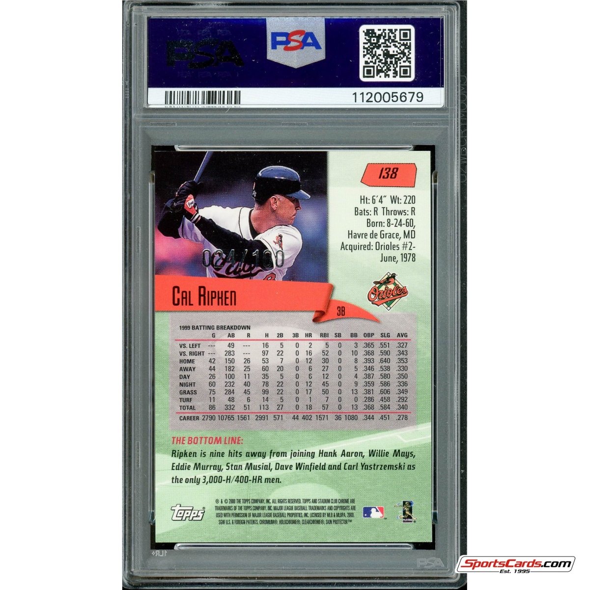 2000 Stadium Club Chrome First Day Issue Cal Ripken Jr. #138 PSA 9 #/100